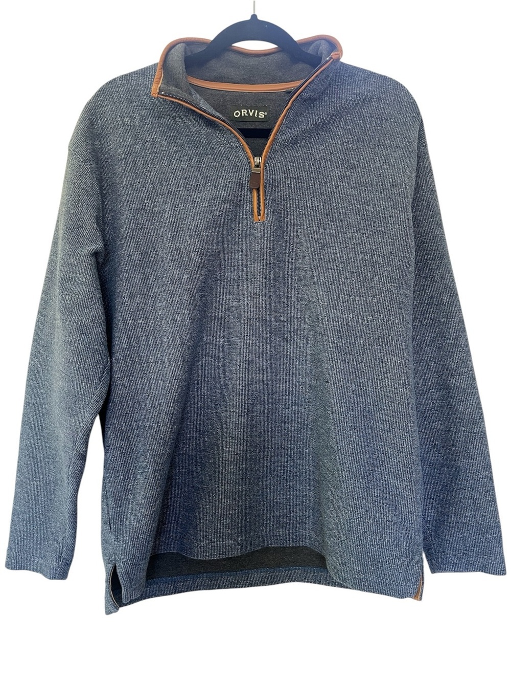 Orvis Men's Medium Heather Blue Quarter-Zip Sweater with Tan Leather Trim